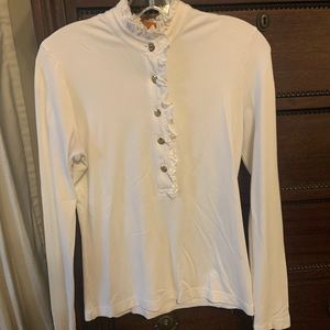 Tory Burch white long sleeve ruffle polo shirt